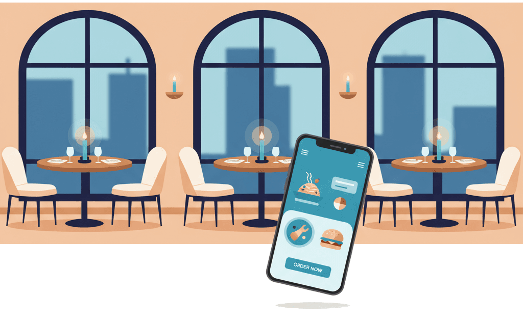 A stylish restaurant interior with a food ordering app on a smartphone